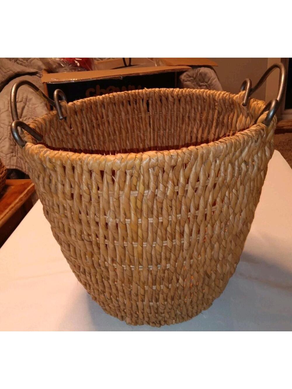 Handmade Round Woven Rattan Body basket Iron Framing/Handles 12 Inches Diameter